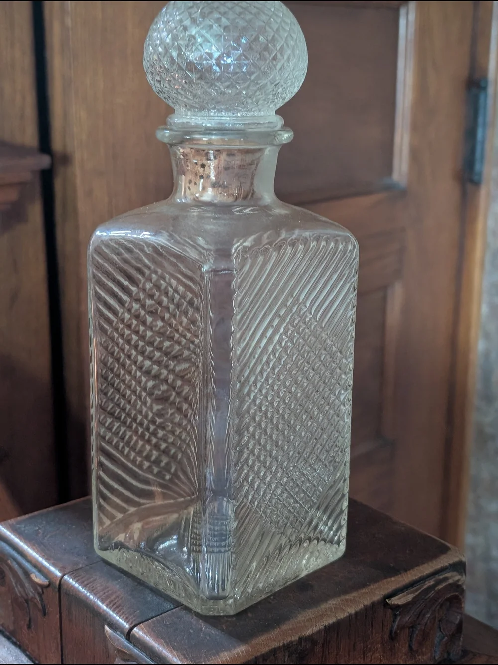 Vintage Glass Diamond Cut Pattern Decanter with Stopper